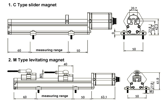 Magnetostrictive sensor rail type dimensional drawing b