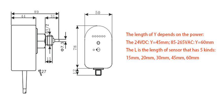 Thermal Dispersion Air Flow Switch, 24VDC/ 220VAC(图2) Thermal dispersion air flow switch dimension diagram