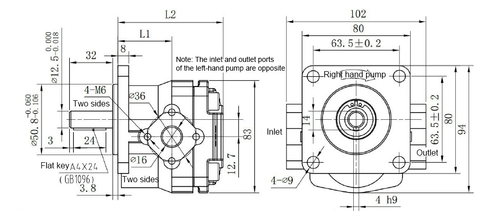 4.5/5.5/6.5/7.5 GPM Hydraulic Single Gear Pump, 3600 psi(图1) Dimensions of 4.5/5.5/6.5/7.5 GPM Hydraulic Single Gear Pump, 3600 psi