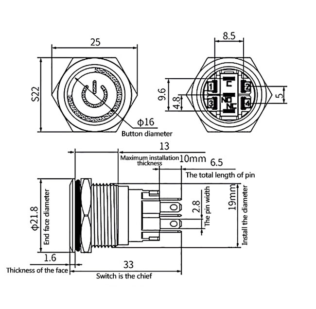 19mm Momentary Push Button Switch, 24V(图1) 19mm momentary push button switch dimension