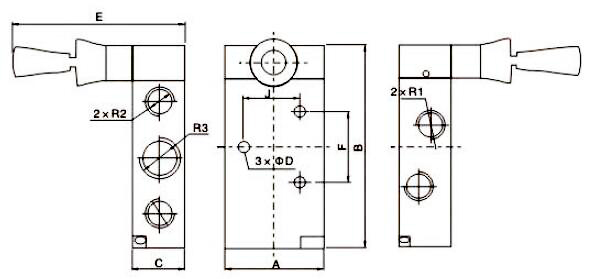 Pneumatic Hand Lever Valve, 5 Way, 2 Position(图2) Dimensions of 5 Way 2 Position Pneumatic Hand Lever Valve