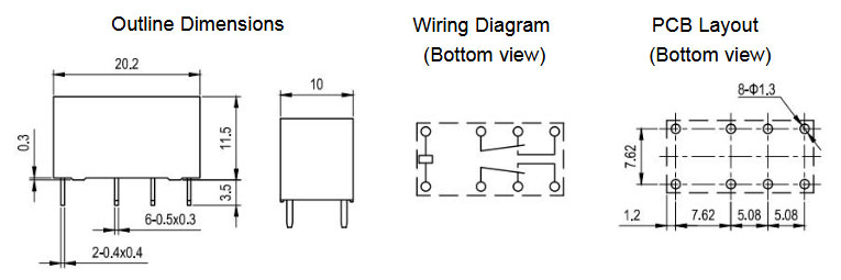 6V DC Signal Relay, DPDT, 2A(图1) Dimensions of 6V Low Signal Relay