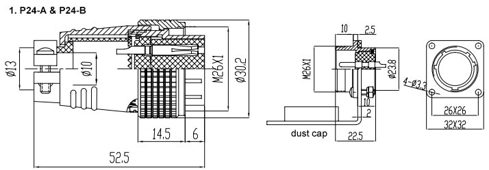 Circular Connector, 15/17/19 Pin, M26(图2) Circular connector 15-17-19 pin m26 dimensional drawing