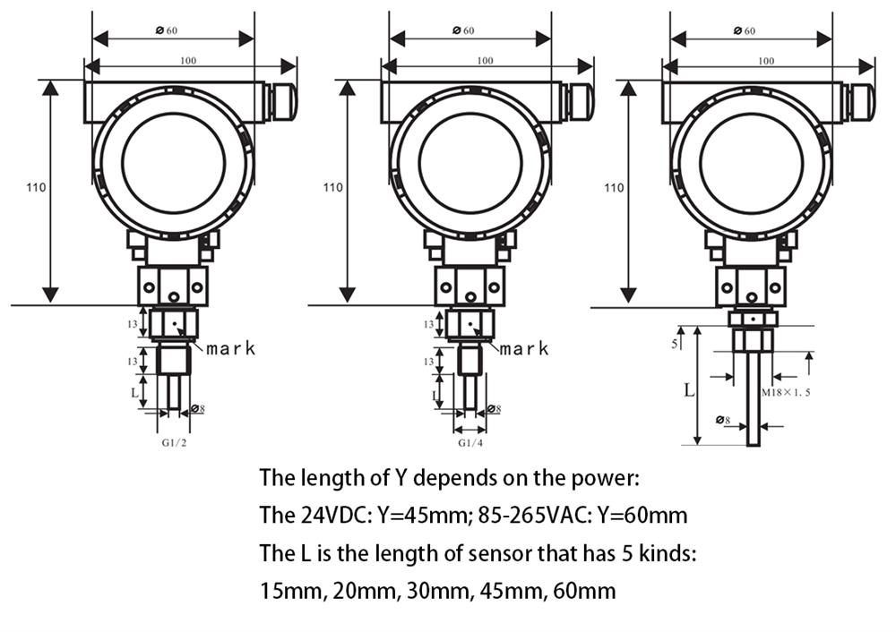 Thermal Dispersion Flow Switch, G1/2 or G1/4 Thread(图6) Thermal dispersion flow switch dimension diagram