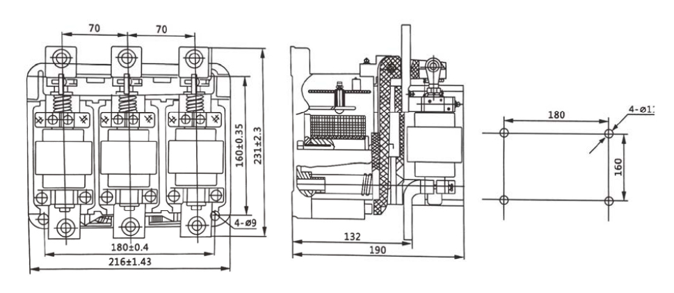 3 Phase AC Vacuum Contactor, 400A, 1140V(图1) ATO 400A ac vacuum contactor outline and installation dimension