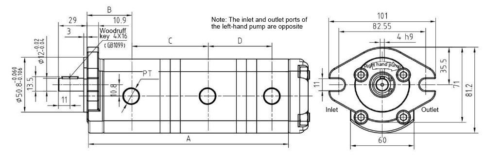 1/2/4/5 GPM Hydraulic Triple Gear Pump, 3600 psi(图1) Dimensions of 1/2/4/5 GPM Hydraulic Triple Gear Pump, 3600 psi