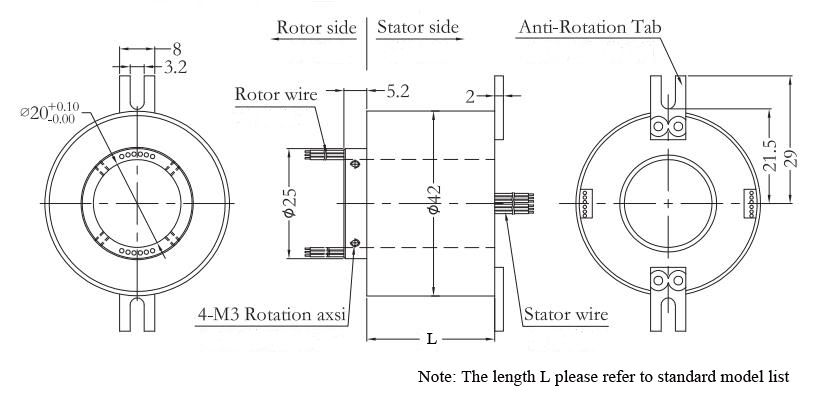 Small Through Hole Slip Ring, 12.7mm/20mm Inner Diameter(图3) CHN-THSR-H2042 Through Hole Slip Ring Dimension Drawing