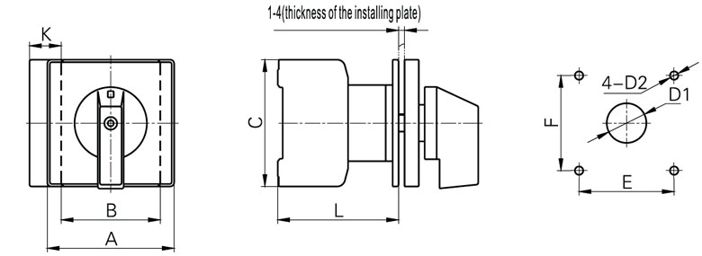 2 Position 63A Rotary Switch 3 Pole/4 Pole(图1) Rotary switch 3 pole dimensions.