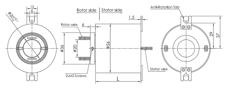 High Speed Electrical Slip Ring, Through Hole, 1500rpm(图1) High Speed Electrical Slip Ring Dimension Drawing