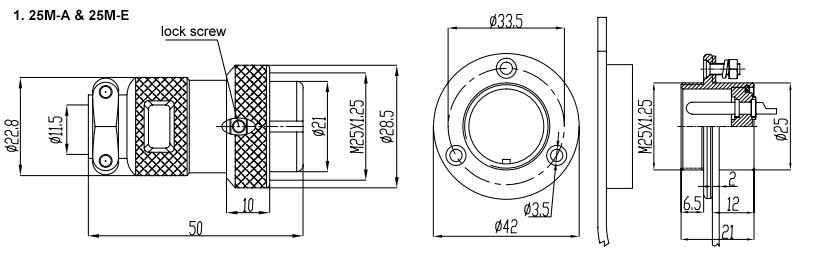 Circular Connector, 2/3/4/5/6/7/8/10/12 Pin, M25(图2) Circular connector 2 to 12 pin m25 dimensional drawing