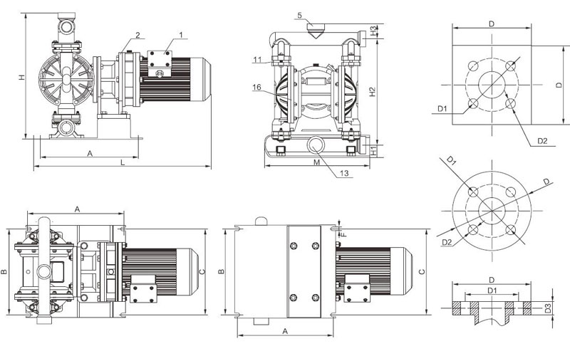 2" Electric Diaphragm pump, 24GPM, 1.5kW(图1) Dimensions of Electric Operated Double Diaphragm Pump with Motor