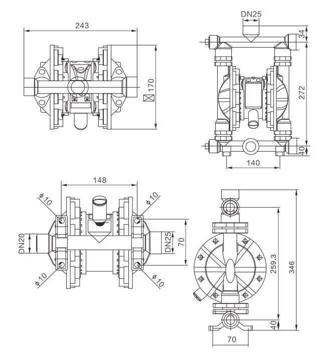 1" Air Operated Double Diaphragm Pump, 15 GPM(图1) Dimension Drawing of 1 inch Air Operated Diaphragm Pump