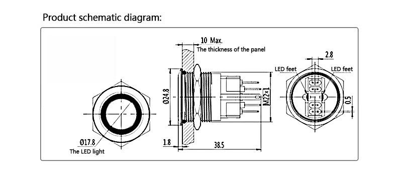 12V Momentary Push Button Switch, 1 NO + 1 NC(图1) Momentary push button switch dimension
