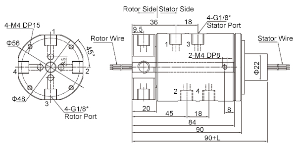 4-Passage Rotary Joint, Pneumatic/Electrical Slip Ring, G1/8" Thread Port(图2) 4-Passage Pneumatic Rotary Joint, 6~56-Wire 2A Signal Dimension Drawing