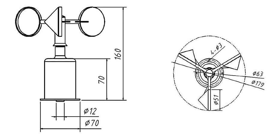 3-Cup Anemometer, 0~45 m/s Wind Speed, RS 485 Output(图4) Dimension diagram of 3-Cup Anemometer, 0~45 m/s Wind Speed, RS 485 Output