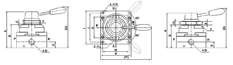G3/4" Hand Lever Valve, 4 Way, 2/3 Position(图3) Dimensions of 4 Way 2 Position Air Hand Lever Valve