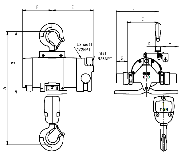 2000 lb. 20 ft. Air Chain Hoist(图1) Dimension of 2000 lb air chain hoist
