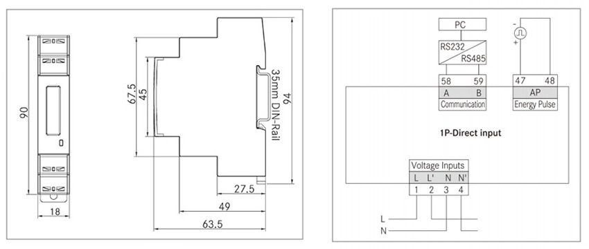 Single Phase DIN Rail Mounted Digital Energy Meter(图1) Single phase energy meter dimension and wiring