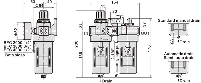 3/8" FRL Filter Regulator Lubricator(图2) Dimensions of 3/8 inch Air Compressor Filter Regulator