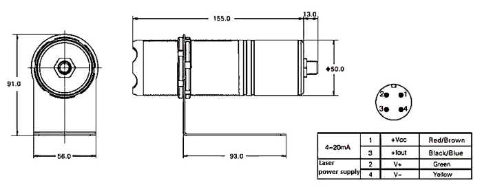 High Temperature Infrared Sensor, Non-Contact, 4-20mA Output(图1) Dimensions and wiring of non-contact infrared temperature sensor