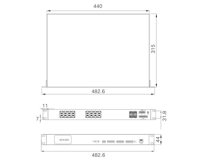 20 Port Full Gigabit Unmanaged Industrial Switch, Rack Mount(图1) 20 port Gigabit unmanaged industrial switch GE3020G dimension