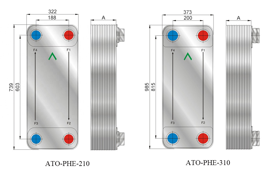 Counter Flow Brazed Plate Heat Exchanger, 250/300 Plate(图2) Dimension Drawing of Counter Flow Brazed Plate Heat Exchanger, Model 210/310