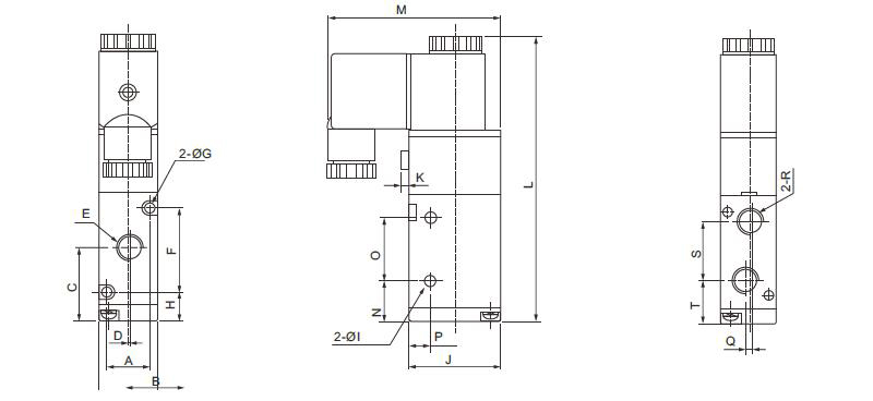 Pneumatic Solenoid Valve, 3 Way, Normally Closed, 12V/24V/110V/220V(图1) 3/2-Way N/C Pneumatic Solenoid Valve Dimensions