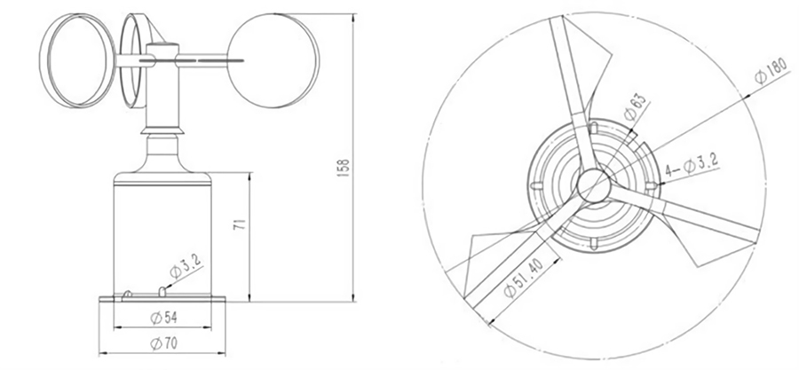 3-Cup Anemometer, 0~70 m/s Wind Speed, RS 485 Output(图1) Dimension of 3-Cup Anemometer, 0~70 m/s Wind Speed