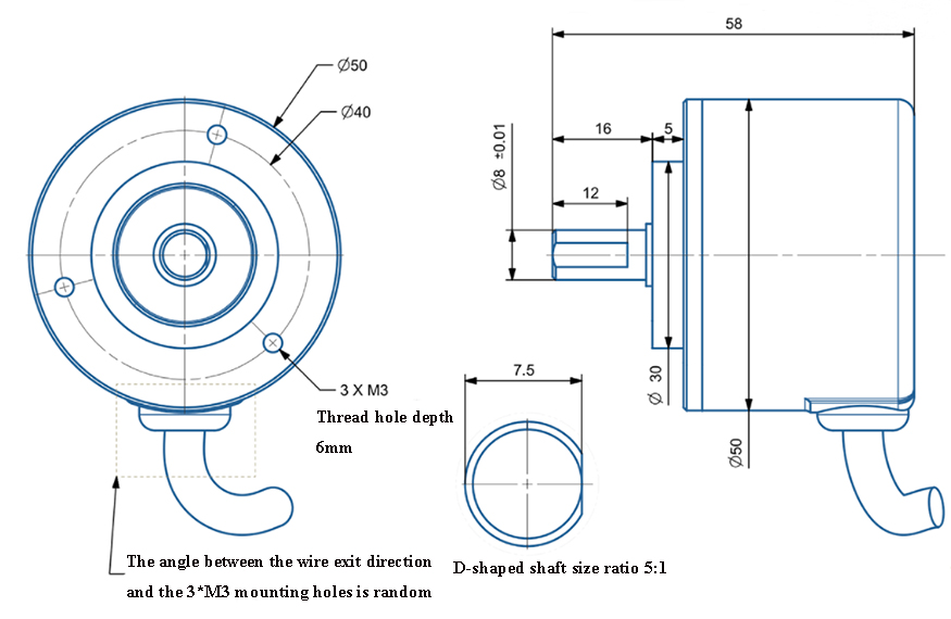 Absolute Encoder, 12 Bit, Multi-turn, RS485/ CAN(图2) Dimension of rotary encoder of shaft 8mm
