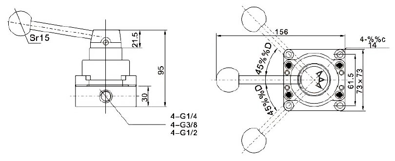 G3/8" Hand Lever Valve, 4 Way, 2 Position(图2) Dimensions of 4 Way 2 Position Pneumatic Hand Lever Valve