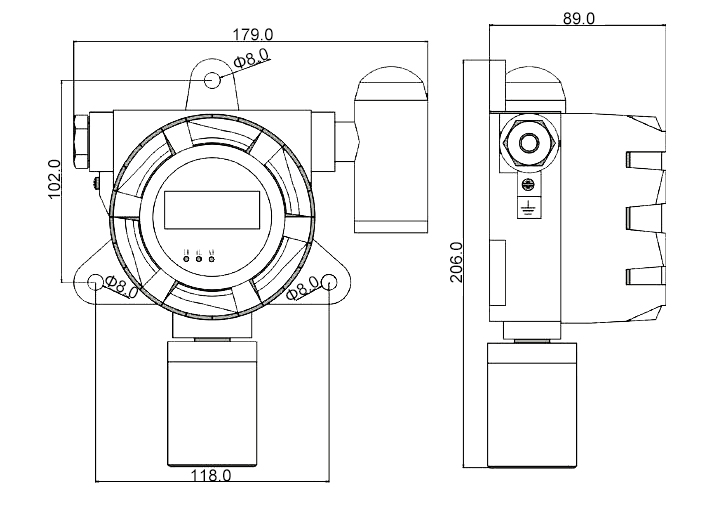 Fixed Carbon Dioxide (CO2) Gas Detector, 0 to 10000 ppm(图1) Fixed gas detector with alarm dimension