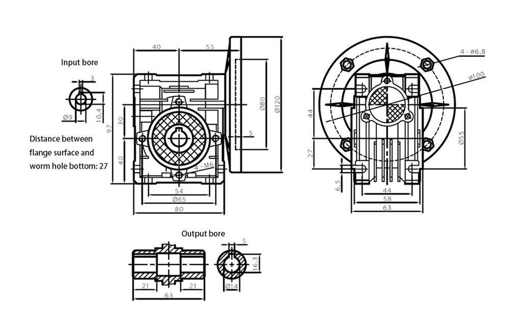 30mm Worm Gearbox, Ratio 5:1 to 100:1, 2.6 N.m(图1) ATO 30mm worm gear reducer outline dimensional drawing