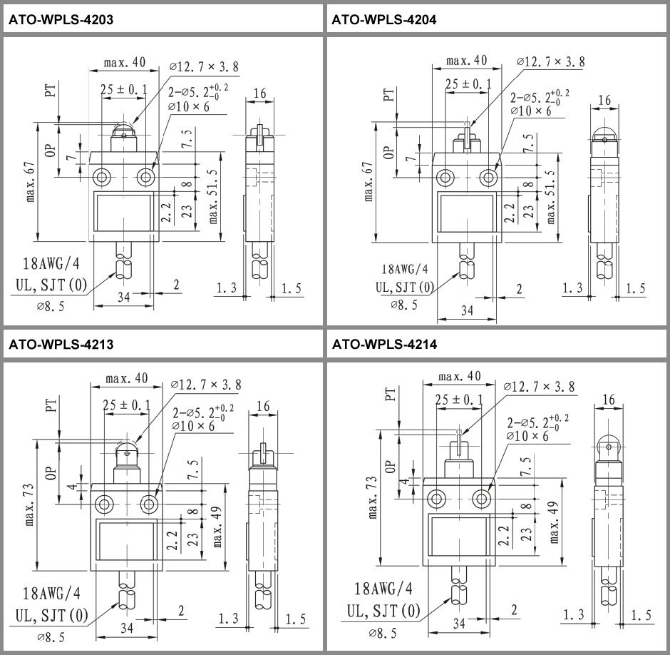 Waterproof Limit Switch, 1NO 1NC, 3A/250VAC, 5A/125VAC(图1) Waterproof limit switch with roller plunger dimensional drawing