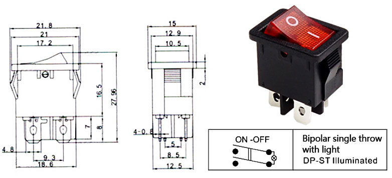Illuminated Rocker Switch, 4 Pin(图1) Rocker switch dimension