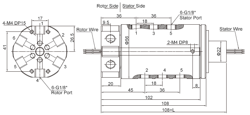 6-Passage Rotary Union, Pneumatic/Electrical Slip Ring for Air/Water/Hydraulic(图2) 6 passage pneumatic electrical rotary union 6-56 wire signal 2a dimension