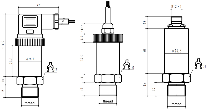 Pressure Sensor for Air/Water/Oil, 4-20mA/0-5V/RS485 Output(图1) Pressure sensor dimensional drawing