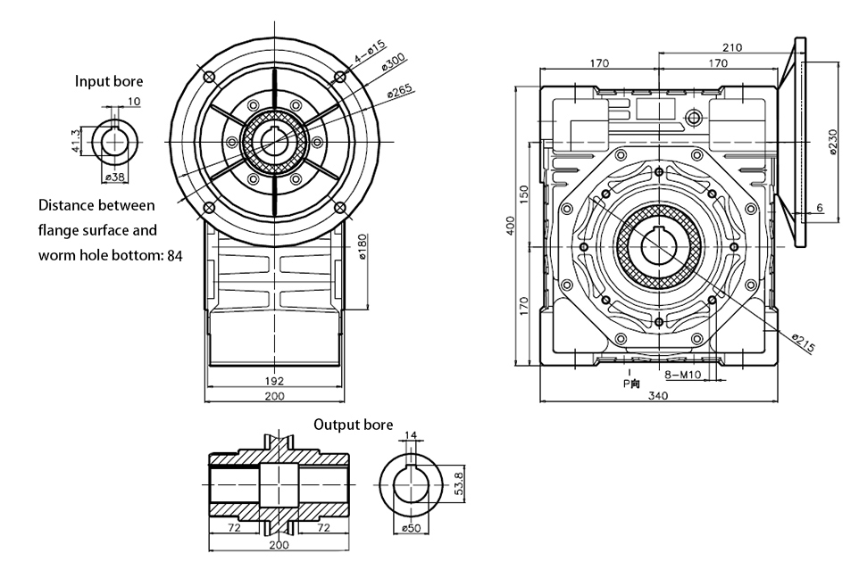 150mm Worm Gearbox, Ratio 5:1 to 100:1, 1037 N.m(图1) ATO 150mm worm gear reducer outline dimensional drawing