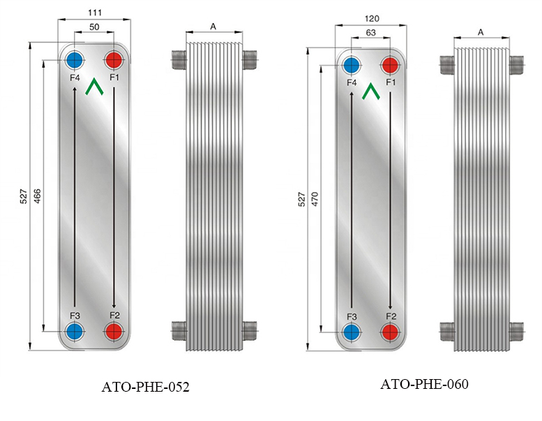 Brazed Plate Air to Air Heat Exchanger, 150 Plate(图2) Dimension Diagram of Plate Heat Exchanger Model 52/60