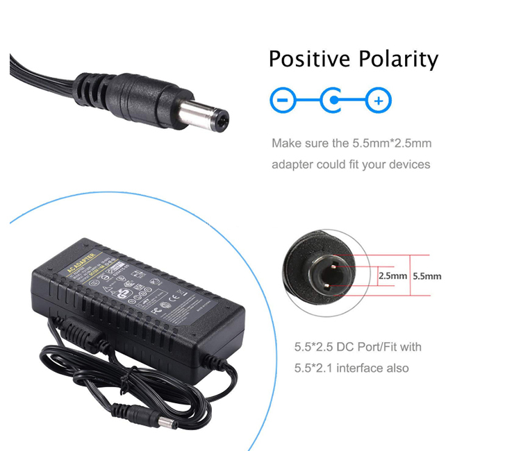 24V Desktop AC to DC Adapter, 48W-144W, 2A-6A(图1) DC port size of desktop AC adapter