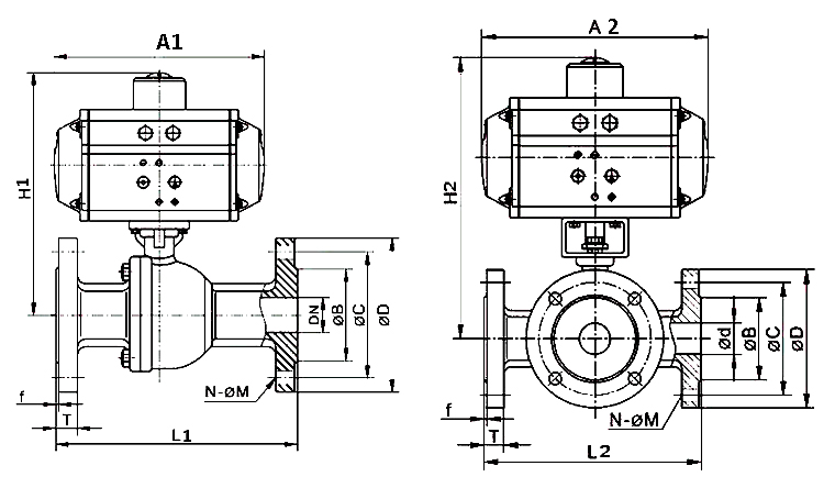 1/2" Pneumatic Ball Valve, 2 Way/ 3 Way(图2) 2 way / 3 way stainless steel flanged type pneumatic ball valve dimension