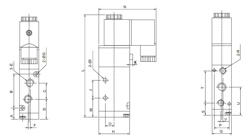 Pneumatic Single Solenoid Valve, 5 Way, 12V/24V/110V/220V(图2) 5/2-Way Pneumatic Single Solenoid Valve Dimensions