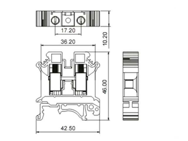 76A DIN Rail Universal Terminal Block, 800V(图1) DImension of UK 10N