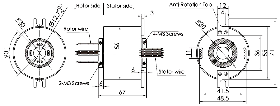 High Speed Electrical Slip Ring, Through Bore, 5000rpm(图1) Dimension of high speed slip ring