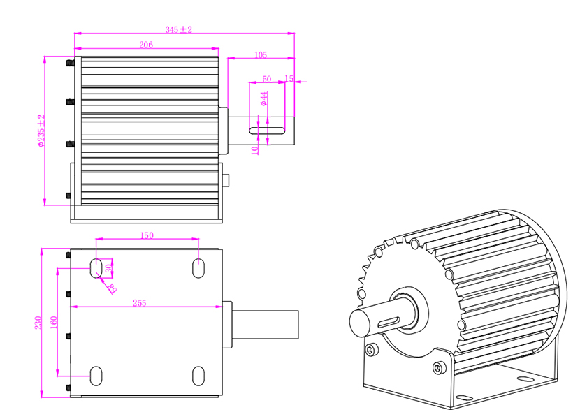 2.5 kW 48v/120v/220v Alternator, 3 Phase(图1) 2.5kw Alternator Dimension