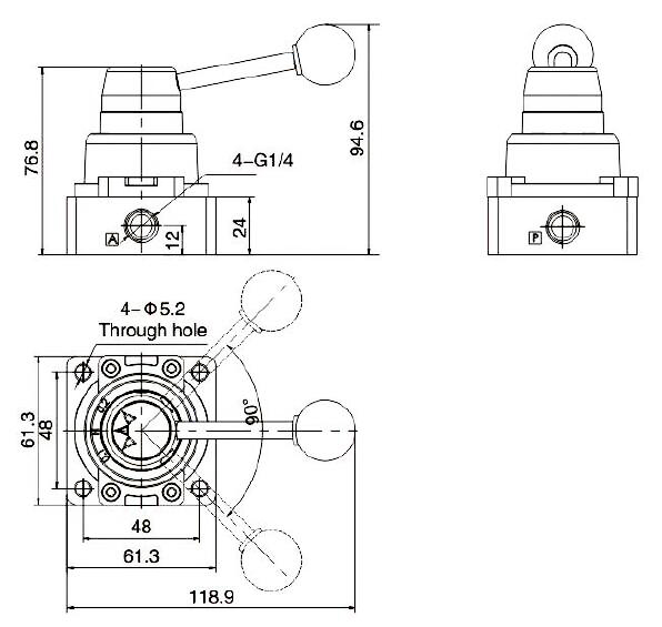 G1/4" Hand Lever Valve, 4 Way, 2 Position(图2) Dimensions of 4 Way 2 Position Pneumatic Hand Lever Valve